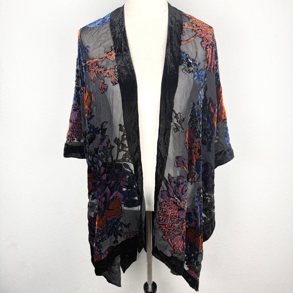 Michael Stars Sheer Velvet Vibrant Floral Kimono Duster Wrap Chic Black One Size